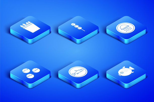 集河豚鱼，钓鱼桶与鱼，上菜盘，章鱼烧，棒和水母图标。向量图片下载