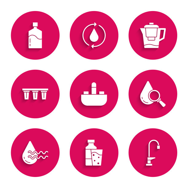 集洗脸盆水龙头，玻璃瓶，水，下降和放大，回收清洁水，过滤器，水壶和大瓶图标。向量图片下载