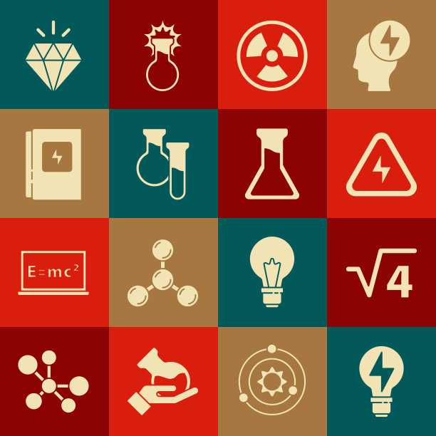 设置灯泡与闪电，平方根4字形，高压，放射性，试管和烧瓶，电气面板，钻石和图标。向量图片下载