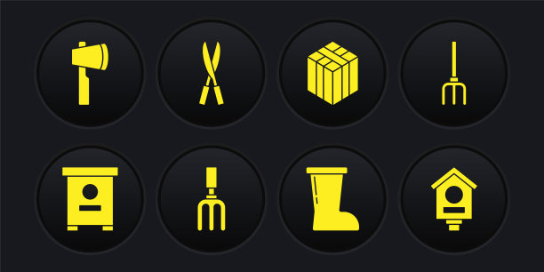 为蜜蜂设置蜂巢，花园干草叉，耙子，防水橡胶靴，捆干草，园艺手工剪刀，鸟屋和木斧图标。向量图片下载