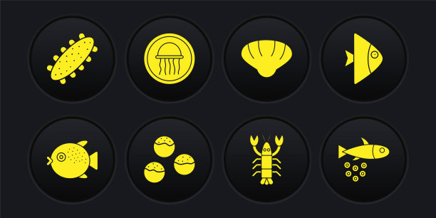 集河豚鱼，鱼，章鱼烧，龙虾，扇贝海壳，水母盘，与鱼子酱和海参图标。向量图片下载