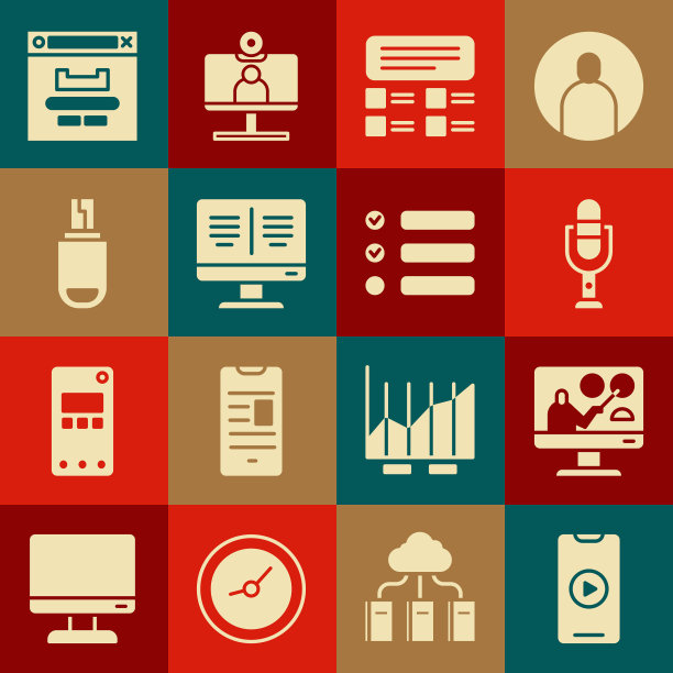 在线播放视频、教育套餐：麦克风、测验、测试、调查、书本监视器、USB闪存驱动器、浏览器窗口和任务列表图标矢量素材图片下载