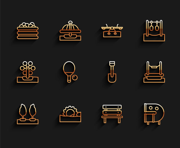 设置线森林，摩天轮，游泳池与球，长凳，儿童游乐场滑梯管，球拍和，蹦极和铲子玩具图标。向量图片下载