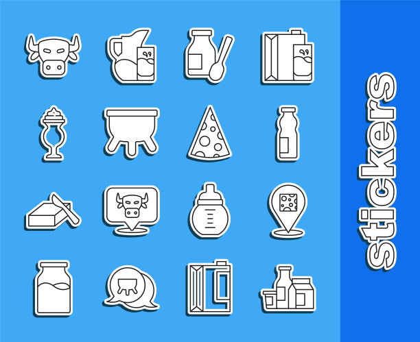 奶制品，奶酪，瓶装饮用酸奶，奶瓶，奶昔，牛头和图标。向量图片下载