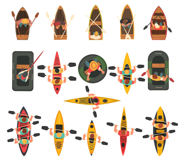 男子漂流在充气筏和木船与桨或桨以上的视图向量集图片下载