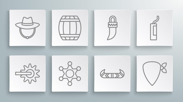 Set line Spur, Gun powder barrel, Hexagram sheriff, Kayak或canoe and paddle, Cowboy bandana, Tooth, Dynamite bomb和Western Cowboy hat icon。向量图片下载