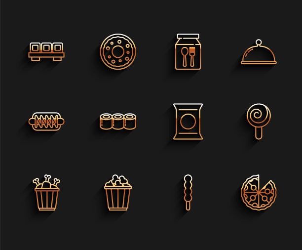 设置线鸡腿在包装盒，爆米花，寿司在砧板，棒棒糖，披萨，和袋包薯片图标。向量图片下载