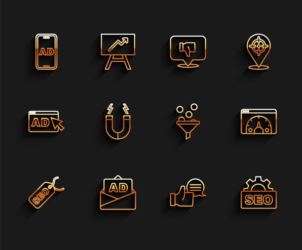设置线SEO优化，广告，客户产品评级，磁铁，网站统计和领导管理图标。向量图片下载