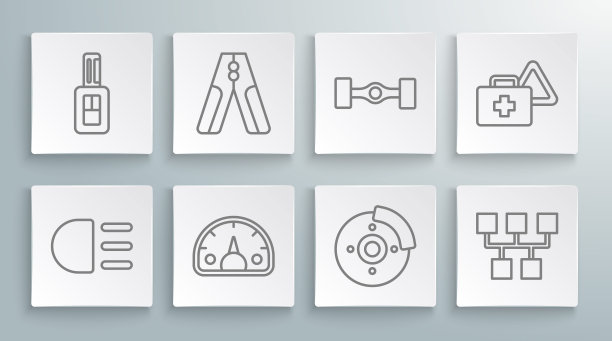 设置线路远光灯，汽车电池跳线电源线，速度计，制动盘卡钳，变速杆，底盘汽车，急救箱和警告三角形和关键远程图标。向量图片下载