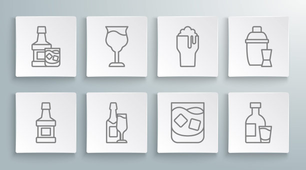 设置线威士忌酒瓶，葡萄酒杯，香槟和，威士忌，伏特加酒瓶，啤酒，鸡尾酒摇壶和图标。向量图片下载
