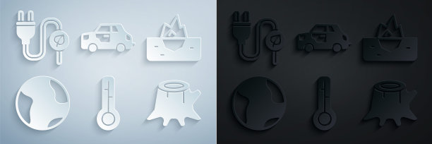 集气象温度计，冰山，地球，树桩，汽车和电力节省插头在叶子图标。向量图片下载