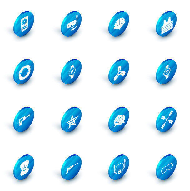 集潜水面罩和通气管，扇贝海壳，救生衣，救生圈，钓鱼鱼叉，指南针，手表和船螺旋桨，涡轮图标。向量图片下载