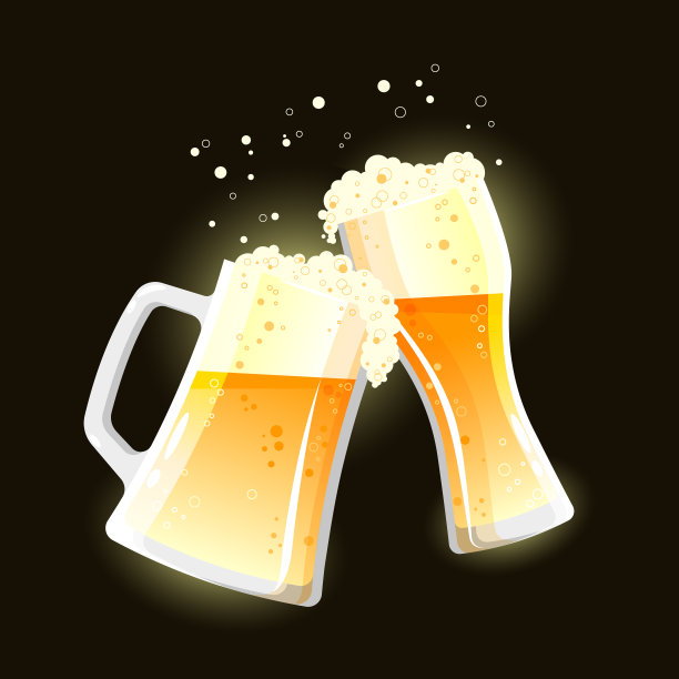 叮当作响的马克杯和玻璃杯，黑色背景上有泡沫的啤酒图片下载