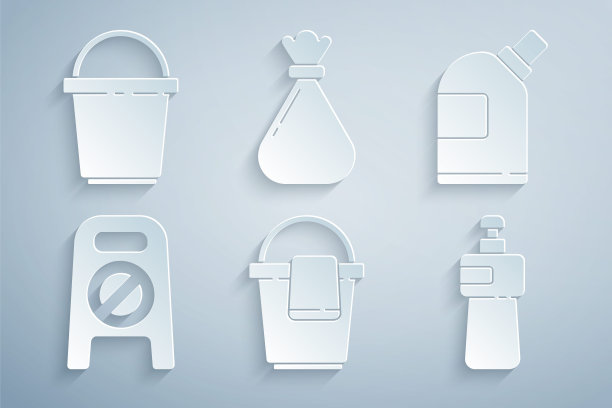设置抹布桶，清洁剂瓶，湿地和进度，洗洁精瓶，垃圾袋和图标。向量图片下载