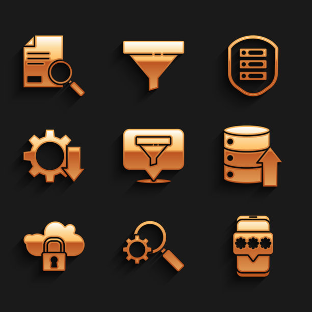 设置位置与销售漏斗，放大镜和齿轮，手机密码，服务器，数据，网络托管，云计算锁，降低成本，屏蔽和文档搜索图标。向量图片下载