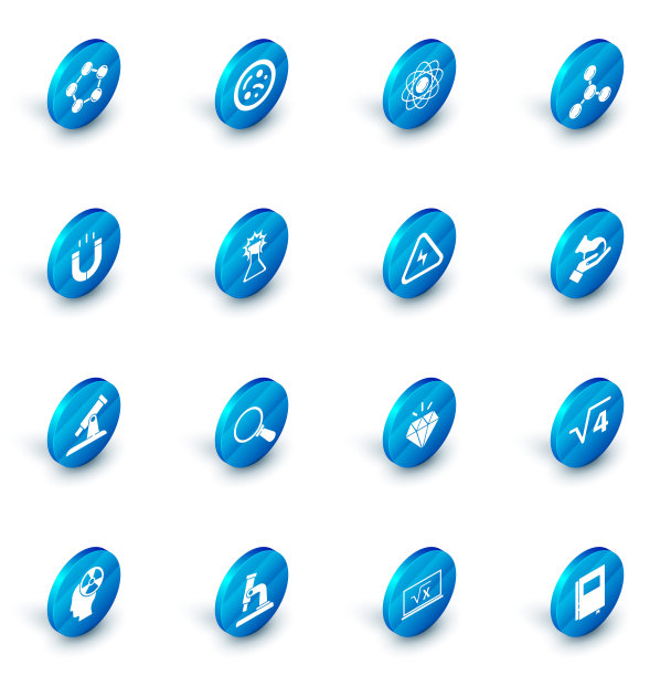 设置细菌，原子，分子，磁铁，望远镜，试管和烧瓶，和高压图标。向量图片下载