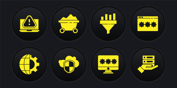 设置地球和齿轮，密码保护，云屏蔽，带密码的监视器，销售漏斗图，煤矿小车，服务器，数据，网络托管和笔记本电脑感叹号图标。向量图片下载