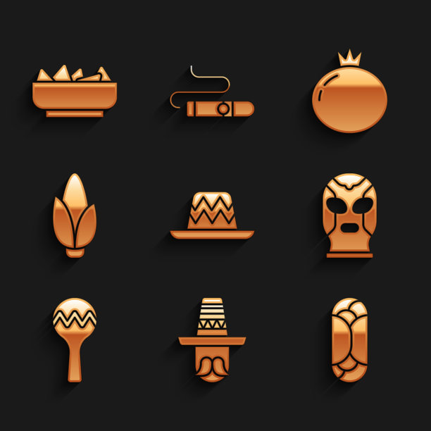 设置墨西哥宽边帽，男人，墨西哥卷饼，摔跤手，沙球，玉米，番茄和玉米片在碗图标。向量图片下载