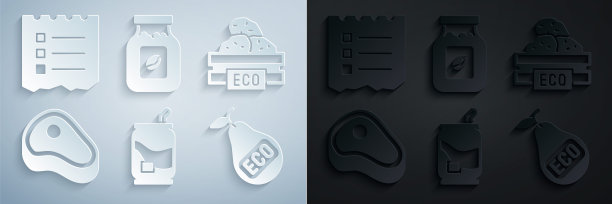 集汽水罐，木盒水果，牛排肉，健康的有机梨，咖啡罐瓶和购物清单图标。向量图片下载