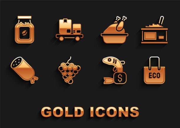 集葡萄水果，锡罐头与鱼子酱，购物袋回收，价格标签的鱼，腊肠，烤火鸡，咖啡罐瓶和手推车和盒子的图标。向量图片下载