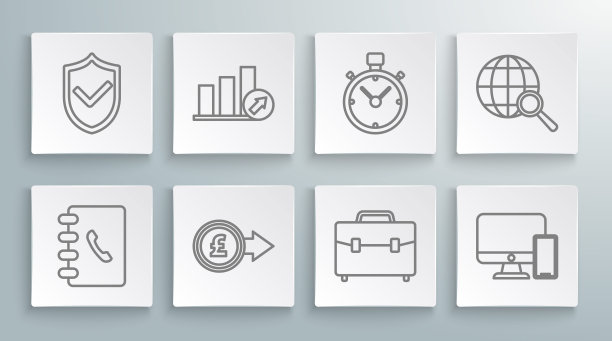 集行地址簿，信息图，饼状图，硬币钱英镑符号，公文包，电脑显示器和手机，秒表，放大镜地球仪和屏蔽复选标记图标。向量图片下载