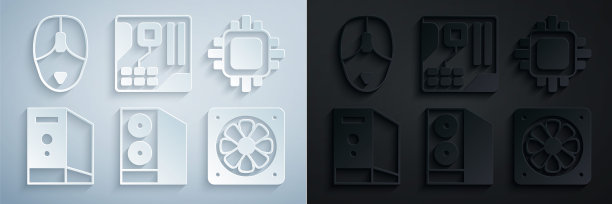 设置电脑外壳，带CPU的处理器，电脑冷却器，主板数字芯片和鼠标图标。向量图片下载