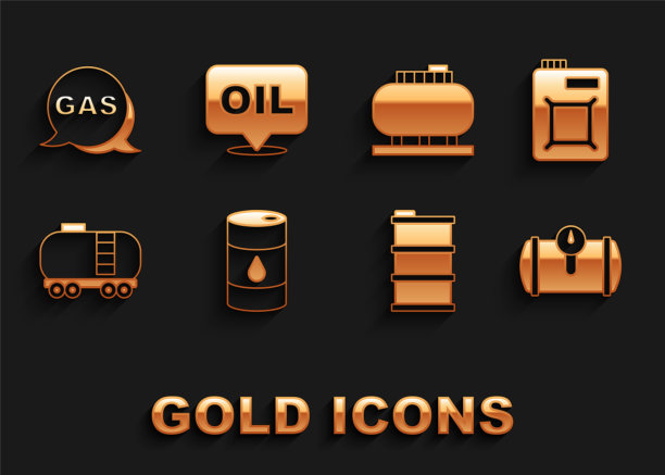 集桶油，汽缸，油罐车，铁路储油罐，储油库，位置和加油站和Word图标。向量图片下载