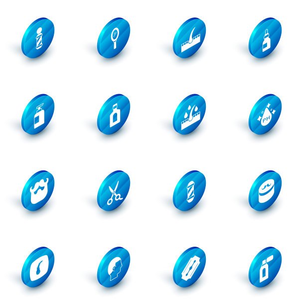 集手镜、人毛囊、油瓶、香波瓶、小胡子、胡须、护理治疗和图标。向量图片下载