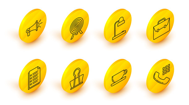 固定线路电话听筒，咖啡杯平板，活页夹，文件文件，公文包，台灯，目标和扩音器图标。向量图片下载