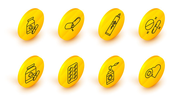 设线心带十字，药瓶用喷嘴喷雾，药丸用泡罩包装，药品和药片，或片剂，药膏膏管药品，和图标。向量图片下载