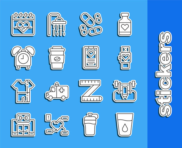 设置线玻璃与水，长凳杠铃，智能手表，维生素药片，咖啡杯走，闹钟，心率和医疗剪贴板图标。向量图片下载