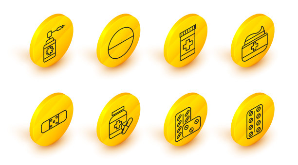 设置线药丸泡罩包装，药瓶和药丸，绷带石膏，药膏膏管药物，或片剂和药物与喷嘴喷雾图标。向量图片下载