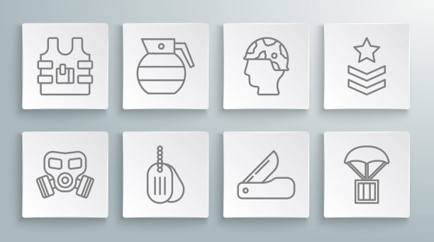 防毒面具，手榴弹，军犬标签，瑞士军刀，空投箱，陆军士兵，军衔和防弹背心图标。向量图片下载