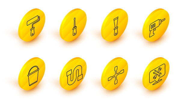 设置线位置与扳手，轮子，工业管，斗，电钻，油灰刀，螺丝刀和油漆辊刷图标。向量图片下载