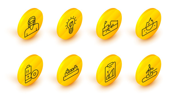 风力涡轮机，全球变暖，油轮，电池，冰山，地震，灯泡与叶子和面部防护面具图标。向量图片下载