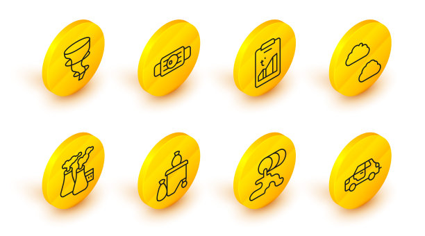 集线汽车，桶油泄漏，满垃圾箱，工厂烟雾，云，全球变暖，医疗防护面具和龙卷风图标。向量图片下载