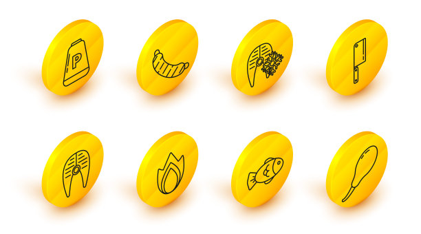 集线鸡腿，鱼，火焰，牛排，肉斩，新鲜冷冻鱼，香肠和胡椒图标。向量图片下载