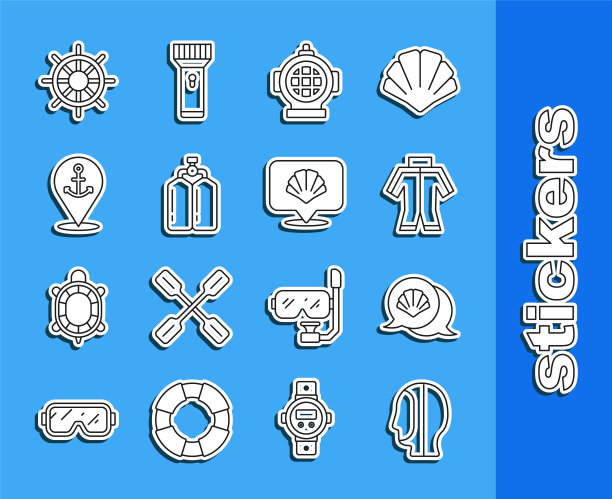 潜水帽，扇贝，潜水服，潜水服，带锚的位置，船舶方向盘和图标。向量图片下载