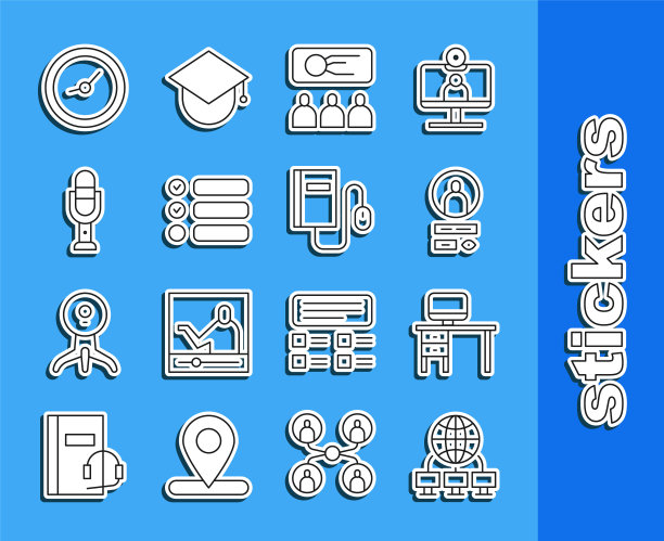 设置计算机网络，监视器和桌面，创建帐户屏幕，培训，演示，任务列表，麦克风，时钟和电子书与鼠标图标。向量图片下载