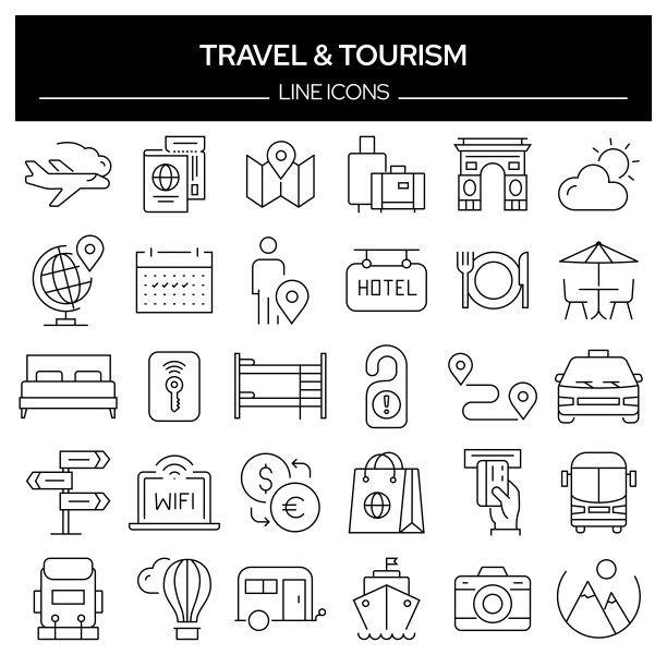 旅游和旅游相关的线路图标。轮廓符号集合，可编辑的描边图片下载