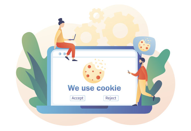 我们使用cookie策略通知弹出在笔记本电脑屏幕上。机密信息。个人信息cookie的保护。现代平面卡通风格。矢量插图在白色的背景图片下载