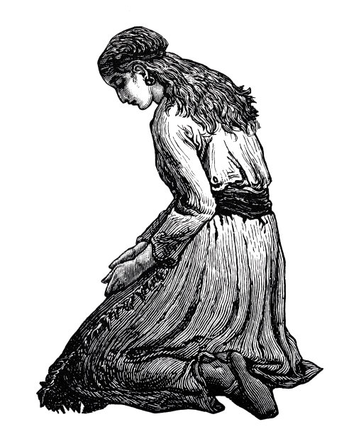 一个年轻漂亮的长发长裙女子跪在地上，手里拿着一件贵重的东西放在大腿上，她看着它，侧面，白色背景图片下载