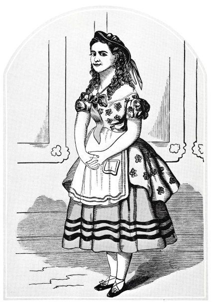 年轻的爱尔兰女孩，穿着长裙和围裙站着，双手交叉，全身图片下载