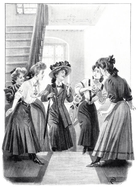 穿着长裙的漂亮女孩在楼梯间里愉快地聊天图片下载