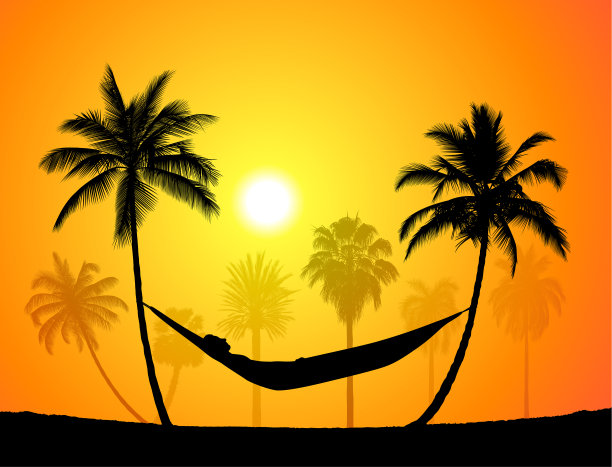 休息剪影在棕榈与吊床图片下载