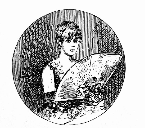 年轻女士拿着扇子，肖像围成一圈图片下载