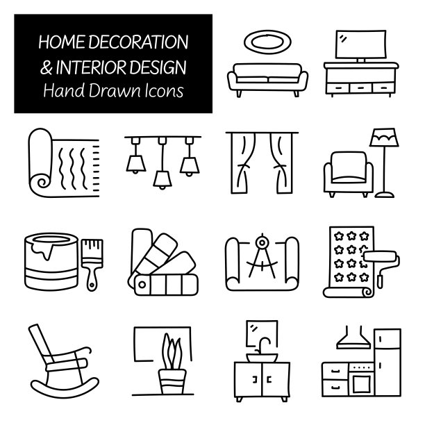 家居装饰和室内设计相关手绘图标，涂鸦元素矢量插图图片下载