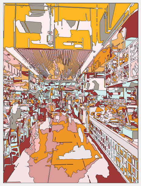 霓虹色彩的超时空卡通室内场景，餐厅室内空间图片下载