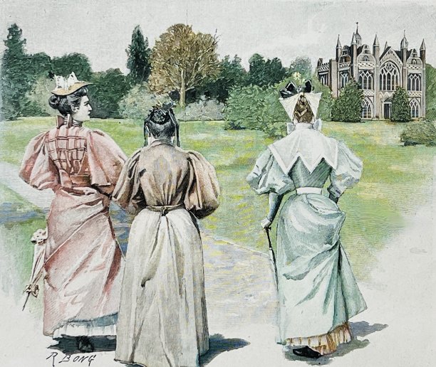 Wörlitz公园和城堡，三个女人行走，后视图图片下载