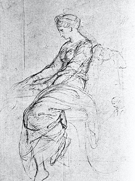 一个年轻女子的素描，坐在椅子上，全身，侧视图图片下载